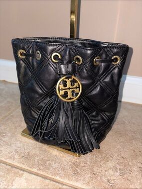 Tory Burch Black Quilted Leather Tassel Drawstring Mini Bucket Bag
